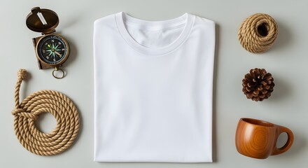 White t-shirt flat lay mockup, outdoor adventure apparel template, travel clothing branding, blank top with accessories