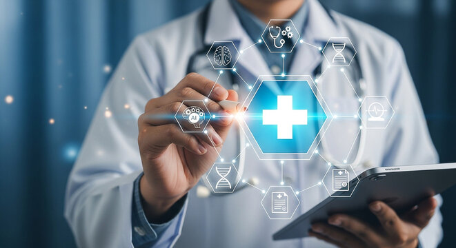 Doctor using digital interface with medical icons and holding a tablet in a modern setting