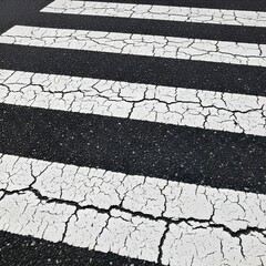 Gritty urban asphalt zebra crossing, cracked white lines, damaged road texture, city street deterioration