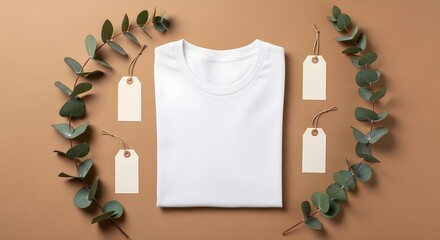 White t-shirt flat lay mockup, organic apparel branding, natural clothing template, eco-friendly textile display with tags