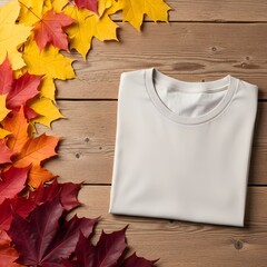 White t-shirt flat lay mockup, autumn apparel branding, blank clothing template, cozy seasonal display with leaves