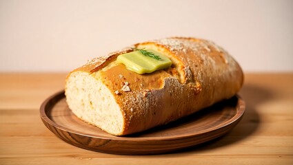 "Rustic Cheese Bread Loaf with Herbal Butter on a Wooden Plate"