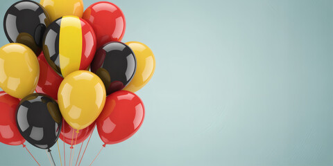  a cluster of black, yellow, and red balloons on the left, with ample light blue copy space on the right