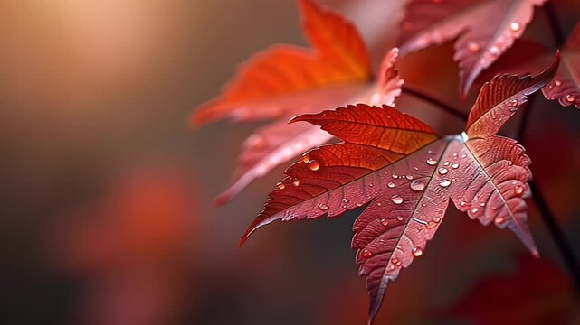Autumnal Nature Detail: Macro Photograph of a Red Fall Leaf Adorned with Raindrops