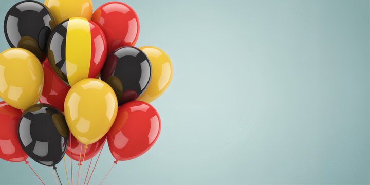  a cluster of black, yellow, and red balloons on the left, with ample light blue copy space on the right