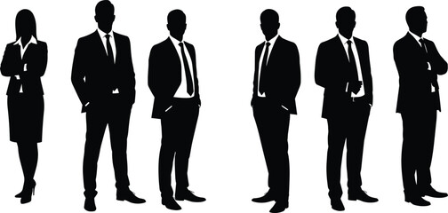 Business professionals standing in a row, male and female silhouettes in formal suits, leadership, teamwork, corporate vector illustration