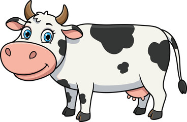 Cartoon dairy cow with black spots and blue eyes, smiling farm animal vector illustration for kids, livestock character isolated clipart