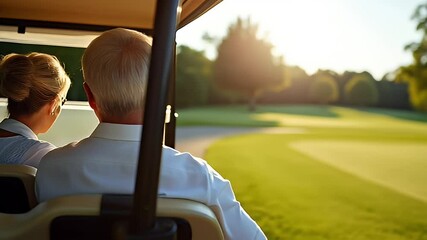 Cherished Experiences and Unforgettable Moments Shared Together by a Senior Couple Enjoying a Leisurely Golf Cart Ride Across a Verdant Course