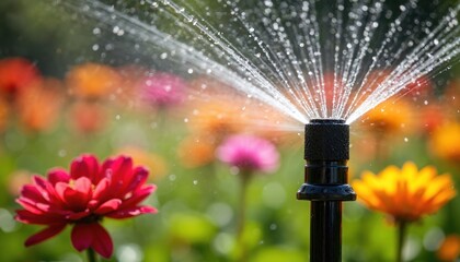 Sprinkler showering blooming flowers with fine mist. Bright garden background showcases vibrant plant care. Watering system, drops, green sunlight, gardening, landscape, nature scene.