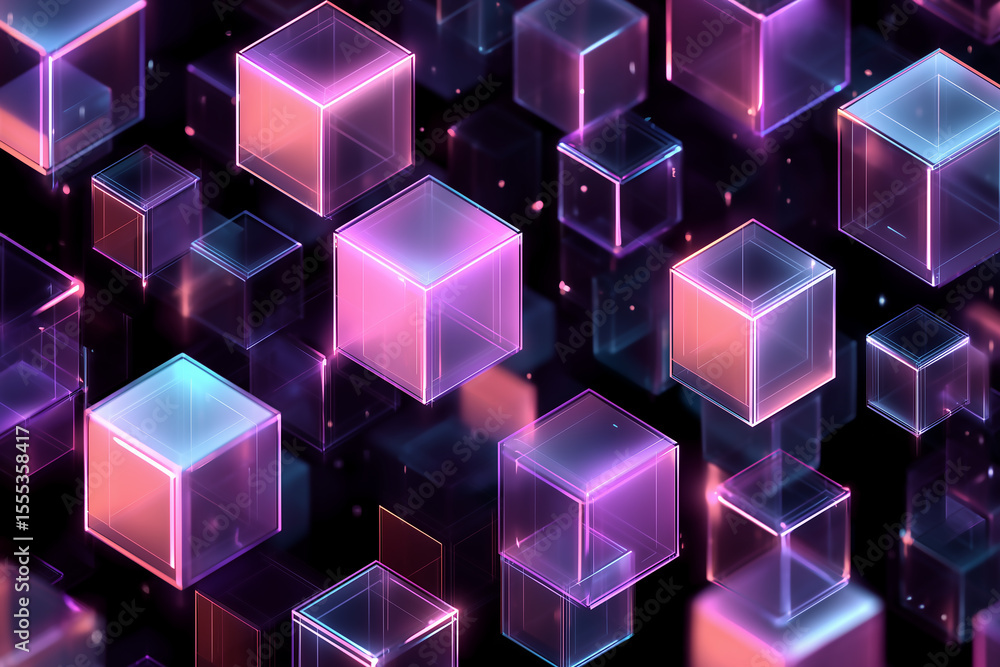 Poster glowing cubes floating in digital space representing modern technology