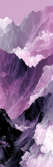 Purple mountain peaks rising above the clouds in a surreal landscape