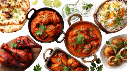  Indian food feast with chicken tikka masala, curry, tandoori, naan, and rice on transparent background