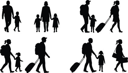Family travel silhouettes, parents and children walking, holding hands, with luggage, vacation vector, tourism concept, black travel illustration
