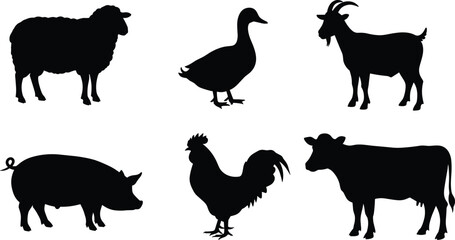 Farm animal silhouette set with cow, pig, sheep, duck, rooster, goat, perfect for agriculture, livestock, vector illustration design