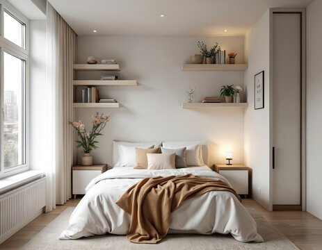 Cozy urban bedroom with wall-mounted shelving. Stylish storage solutions, minimalist furniture decor. Light wood floor, large window brightens room. Pillows, blanket, plants create inviting