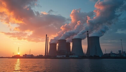 Industrial photo of power plant at sunset. Smoke from cooling towers polluting atmosphere. Global warming, greenhouse effect, air pollution, climate change, eco concept for energy production, carbon