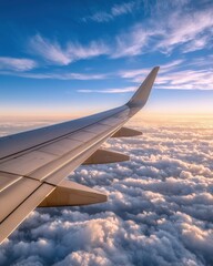 Obraz premium close-up of an airplane wing in mid-flight, clear blue sky, ample copy space, more clarity with clear light and sharp focus, high detailed