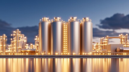 Fototapeta premium modern industrial facility with large storage tanks and towers under a twilight sky, highlighting energy infrastructure.