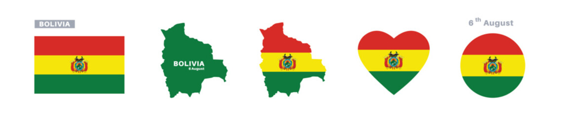 bolivia flag and map set. bolivia flag in official colors and proportions. independence day 6 august , map, circle and heart shaped bolivia 
