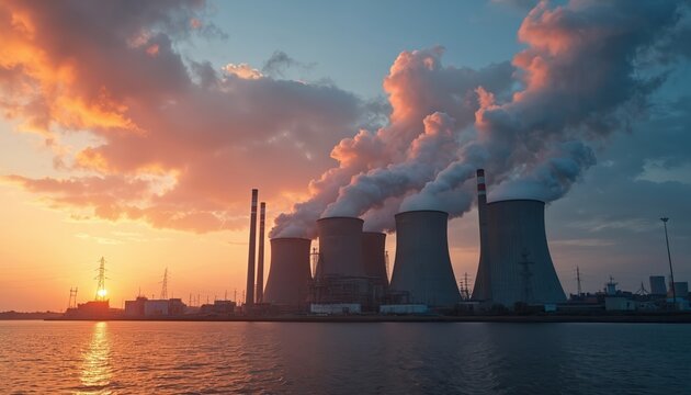 Industrial photo of power plant at sunset. Smoke from cooling towers polluting atmosphere. Global warming, greenhouse effect, air pollution, climate change, eco concept for energy production, carbon