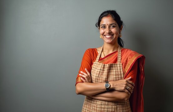 Smiling Indian woman wearing apron looks camera. Happy female chef cook, arms crossed. Portrait of Indian housewife wearing red saree. Cooking, home, food, people, restaurant, cafe, hospitality.