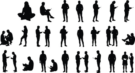 Multiple people silhouettes using devices, standing and sitting poses, casual human interactions, black vector illustration, modern lifestyle, tech usage collection