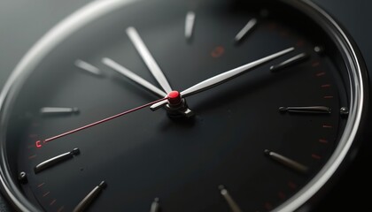Close-up photo of minimalist black clock face. Modern design, accurate time, red second hand. Represents time passing, precision, style, luxury, deadline, punctual.