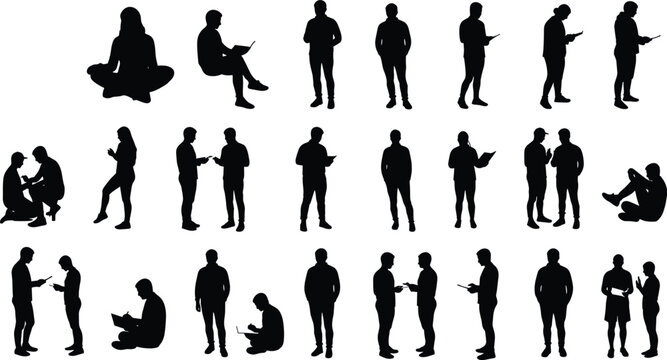 Multiple people silhouettes using devices, standing and sitting poses, casual human interactions, black vector illustration, modern lifestyle, tech usage collection