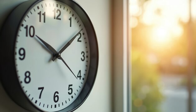Close-up wall clock shows time. Daylight from window represents time adjustment and seasonal transition. Modern analog clock. Timekeeping concept. Home interior with natural daylight. - Powered by Adobe