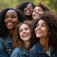 Fototapeta premium Group of smiling multiracial friends in denim jackets. Happy girls look up with joy. Female friendship, positive emotions, togetherness, youth lifestyle, diverse teen girls with natural afro hair.