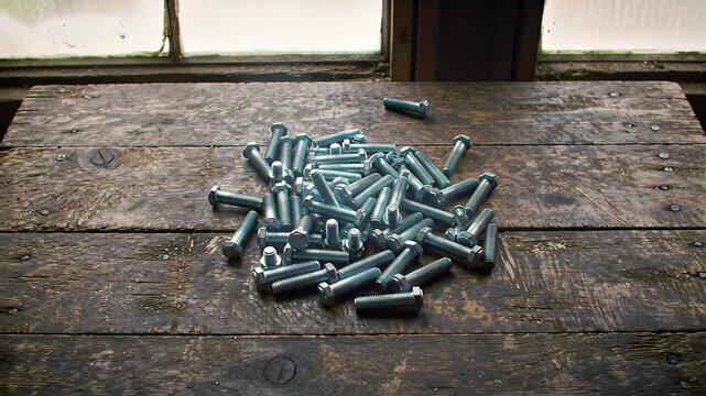 Bolts falling onto weathered wood workbench near a window