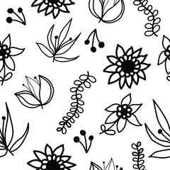line art hand drawn flowers black and white seamless pattern. black line art hand drawn flowers seamless pattern. It is good for tiles, decoration, fabric, textile, wrapping, decoration and more.