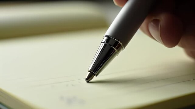 Writing on ruled paper with a silver pen held in a human hand