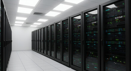 Interior view of a modern server room with rows of rack servers and technology