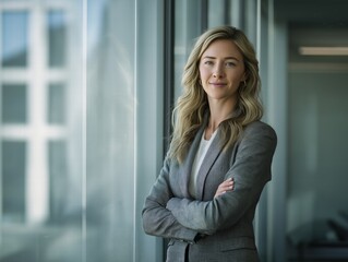 Confident Executive Woman at Glass Wall Office, Morning Light Through Blinds, Gray Suit Professional Atmosphere