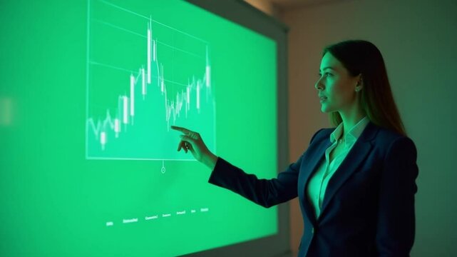 A finance professor presents a fluctuating market graph using a laser pointer