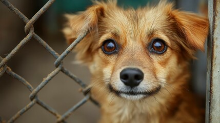 Cute Brown Dog with Big Eyes Looking Through a Chain-Link Fence