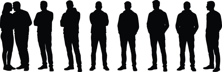 Silhouette group of people, standing pose, men and woman, casual clothing, black vector illustration, shadow figure, side view
