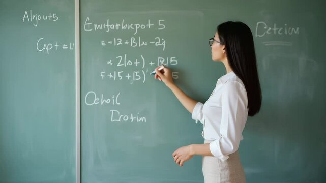 A poised professor explains chemistry equations on a chalkboard with confidence.