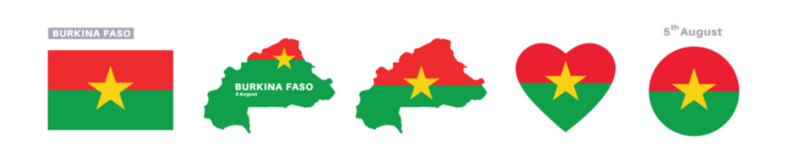 burkina faso flag and map set. burkina faso flag in official colors and proportions. independence day 5 august , map, circle and heart shaped burkina faso
