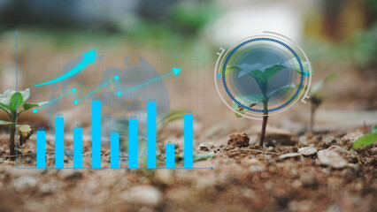 A young plant growing from the soil is highlighted with a technology interface and an ascending graph, illustrating the concept of sustainable business growth and green investment.