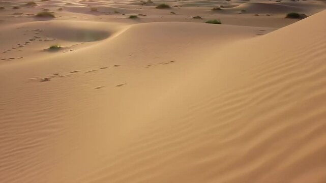 Sandy dunes flow under a hazy sky, etched with wind patterns