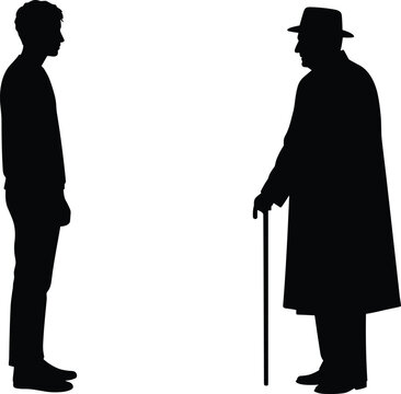 Silhouette of young man facing old man with cane, generational gap concept, aging and youth, black vector illustration
