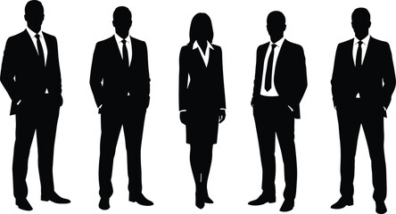 Silhouettes of business professionals in formal wear, male and female characters, standing poses, office attire, vector illustration for design