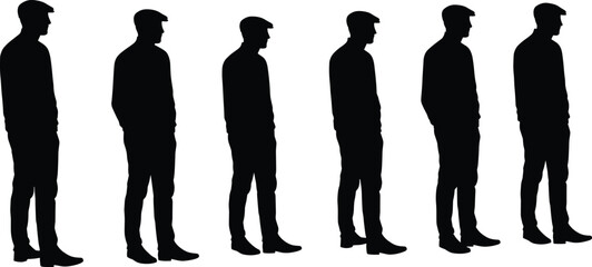 Standing man silhouette vector illustration, male profile side view, human posture pose, fashion figure, editable flat design template