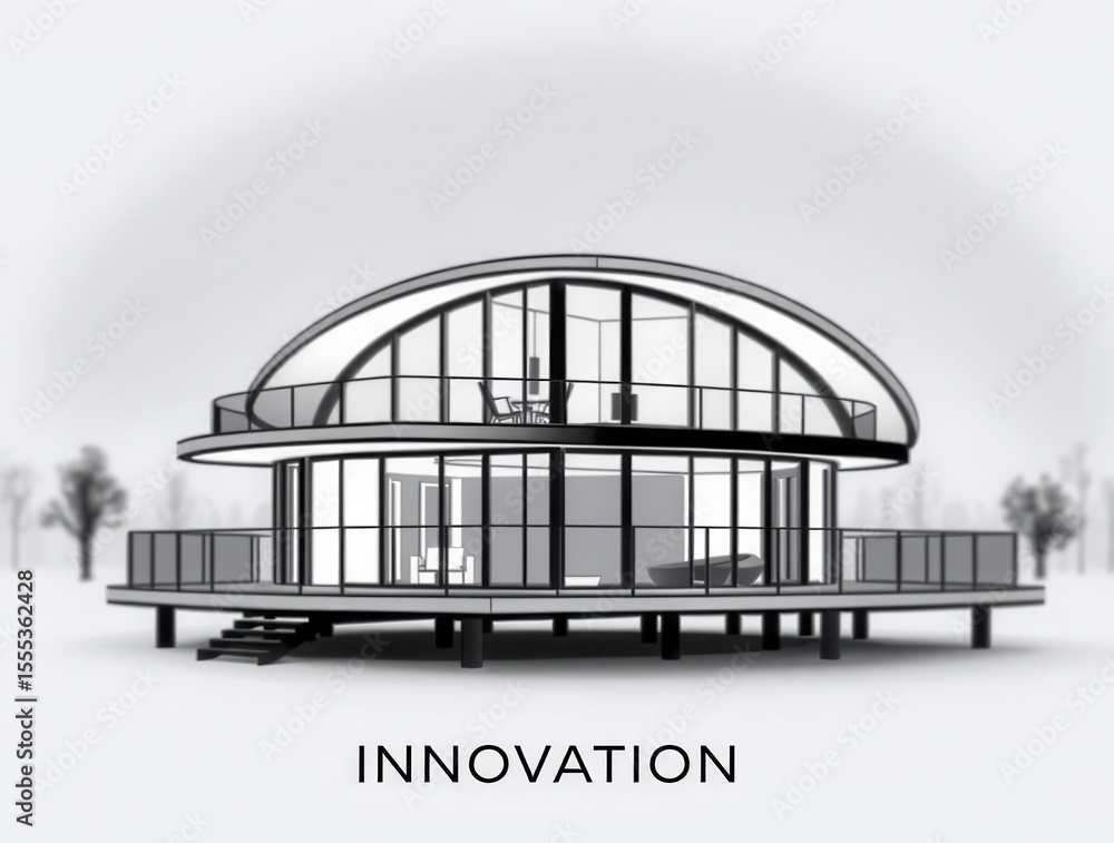 Poster modern round house architecture design. innovative modern building featuring curved lines and large 