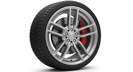 Fototapeta premium Sleek and Modern Car Wheel Design with Silver Rim and Red Brake Caliper