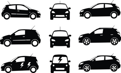 Vector illustration of electric and regular car silhouettes, front and side views, black vehicle icons, modern automotive design collection