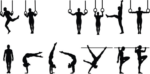 Vector illustration of gymnast silhouettes performing on rings, bars, handstands, and various poses, representing strength, balance, flexibility, and fitness
