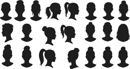 Vector illustration of female head profile silhouettes, hairstyle variety icons for avatar, identity, business, user interface, digital use